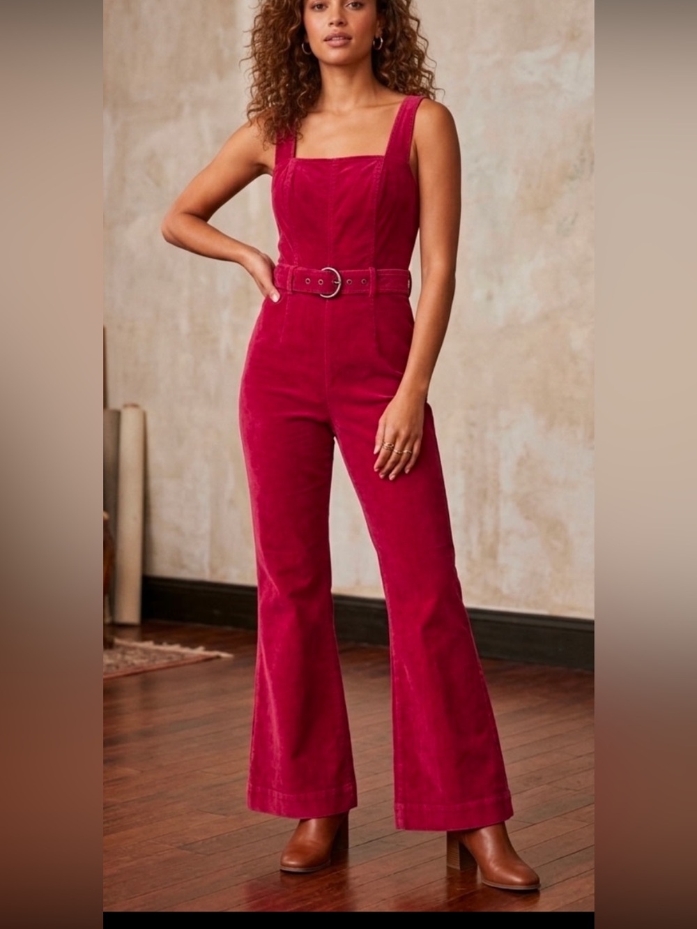 Free People Crimson Corduroy Belted Flare Jumpsuit